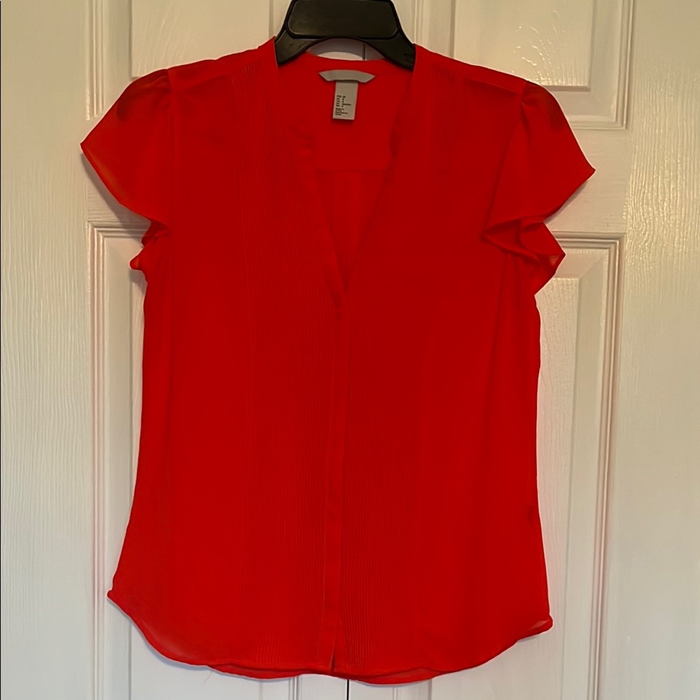 H&M Red Ruffled Blouse with Mandarin Collar